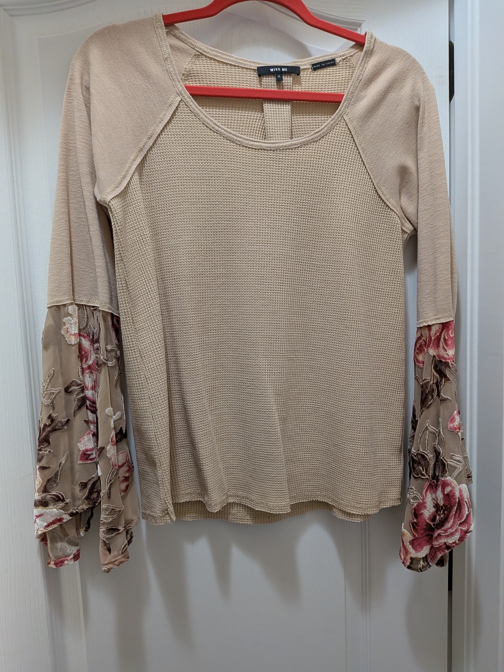 Miss Me Beige Floral-Sleeve Womens Top